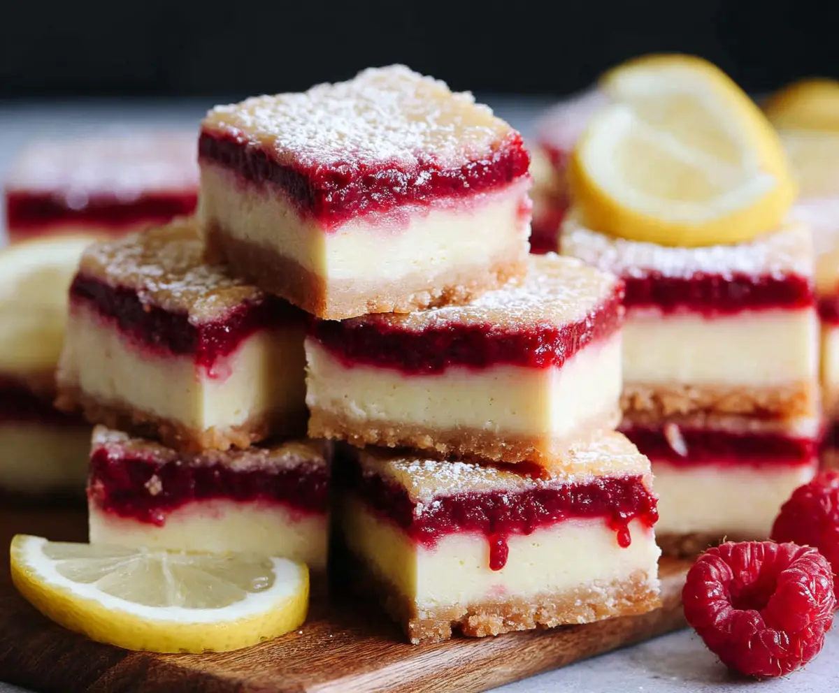 Delicious Raspberry Lemon Cheesecake Bars with a creamy texture and fresh berry topping