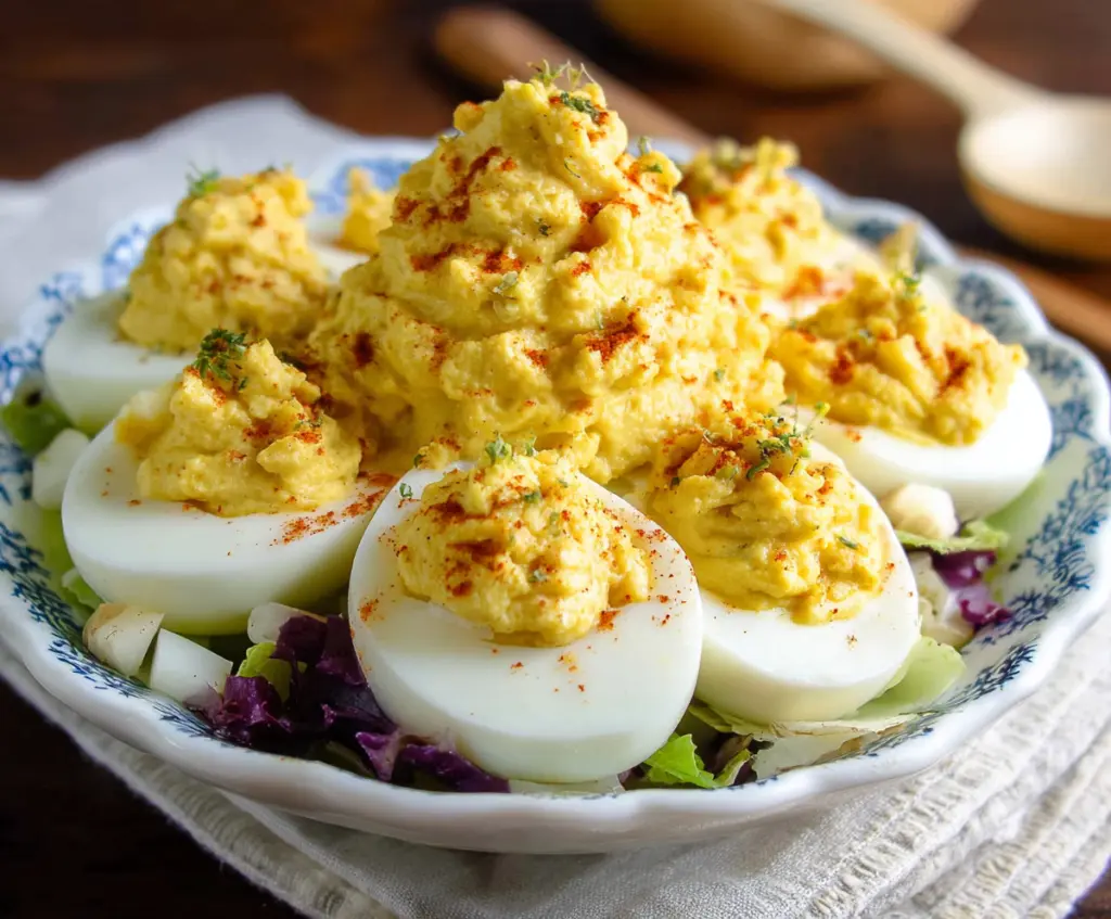 Salad Deviled Eggs garnished with fresh herbs on a white plate, perfect for a light appetizer.