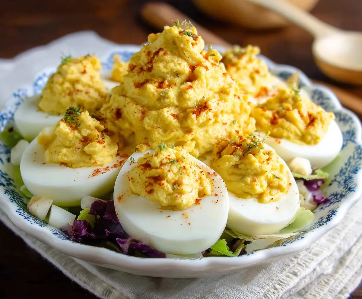 Salad Deviled Eggs garnished with fresh herbs on a white plate, perfect for a light appetizer.