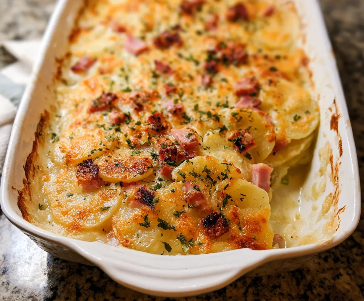 Delicious scalloped potatoes and ham served on a dinner plate, perfect for a hearty meal.