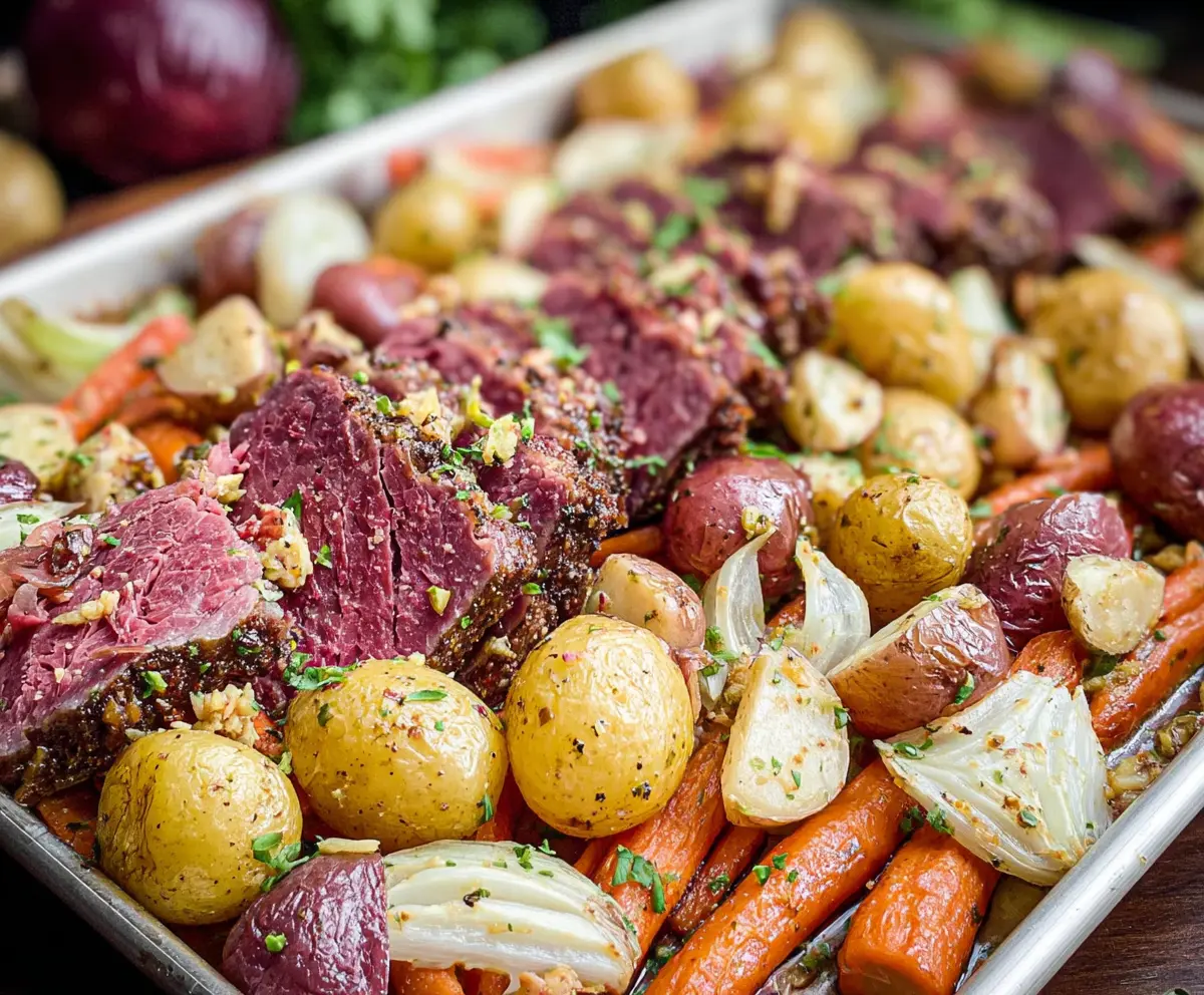 Delicious sheet pan corned beef with roasted vegetables for a hearty meal.