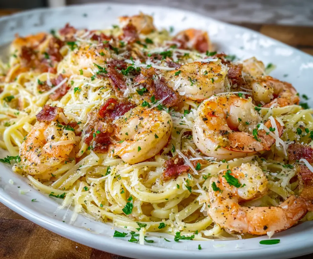 Delicious shrimp pasta carbonara garnished with herbs on a white plate.