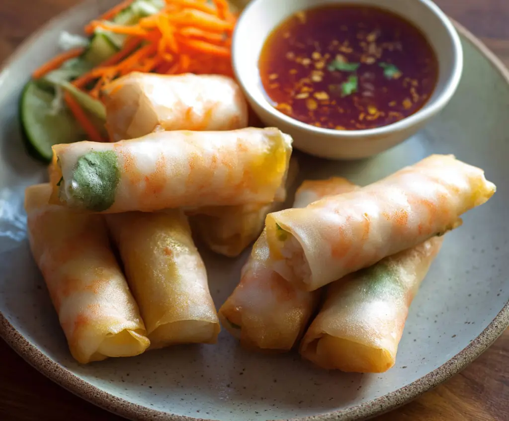 Delicious shrimp and pork spring rolls served with fresh herbs and dipping sauce, perfect for appetizer or snack.