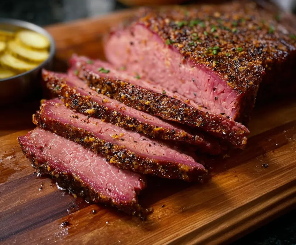 Juicy smoked corned beef slices served on a platter for a delicious meal.