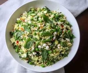 Fresh spring couscous salad with colorful vegetables and herbs, perfect for healthy meals.