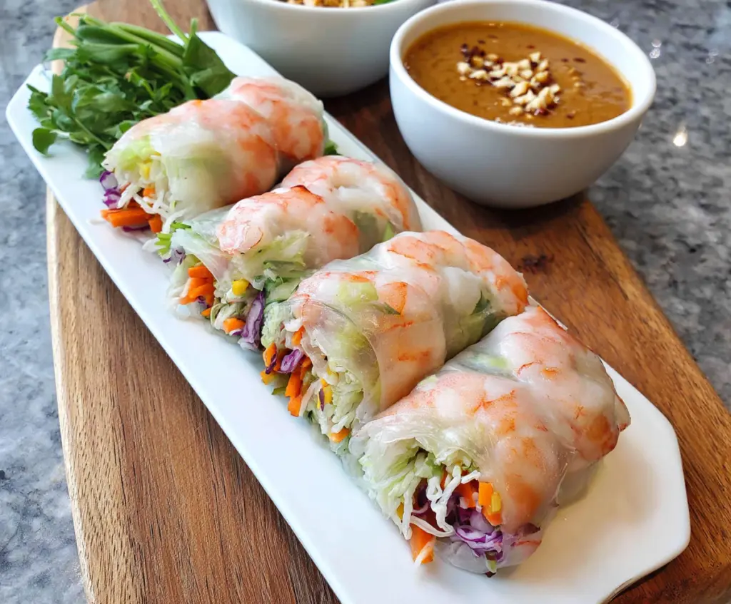 Fresh spring rolls filled with vegetables served with creamy peanut sauce, perfect for a healthy appetizer.