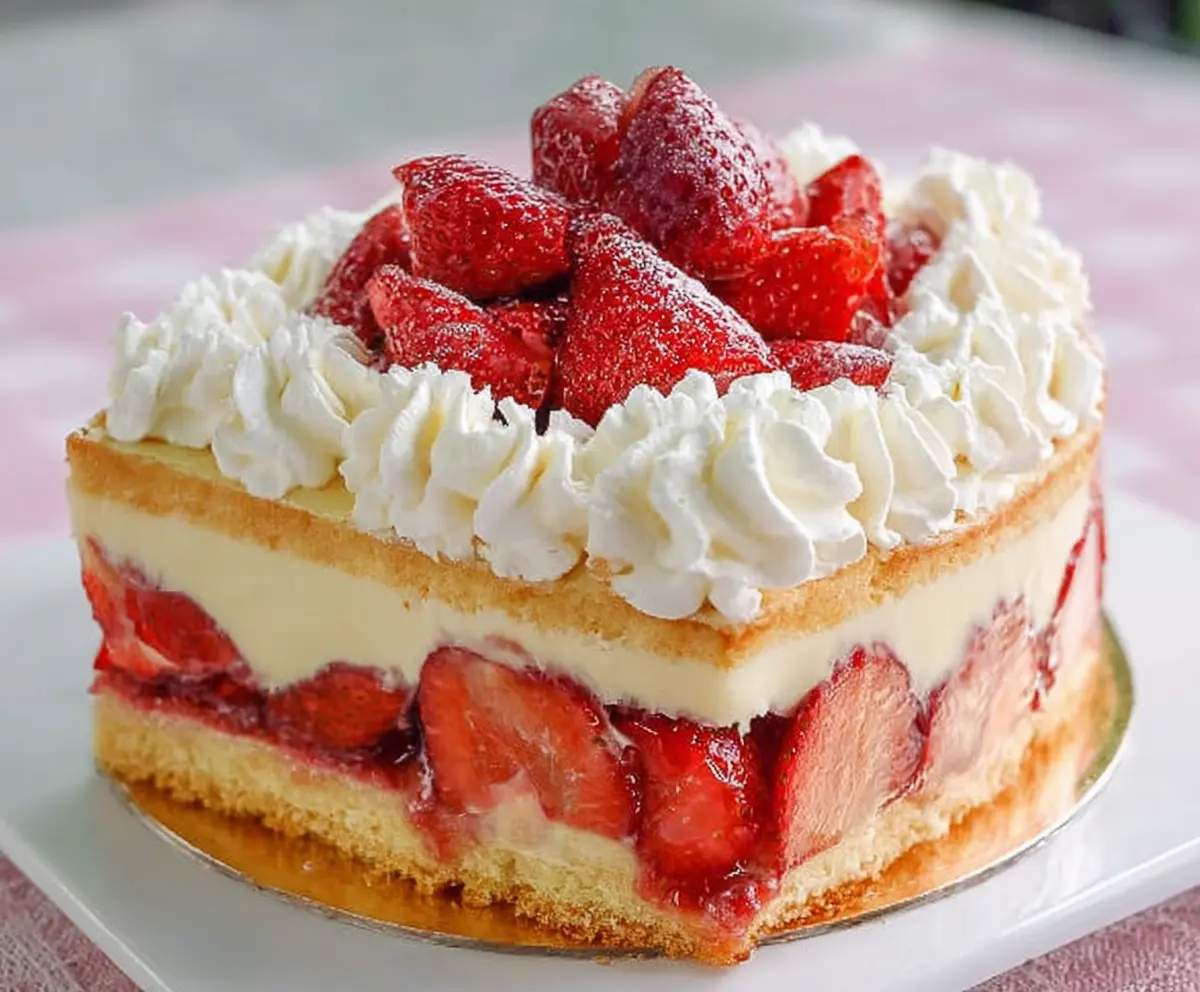 Delicious Strawberry Custard Cake with fresh strawberries and creamy custard layers