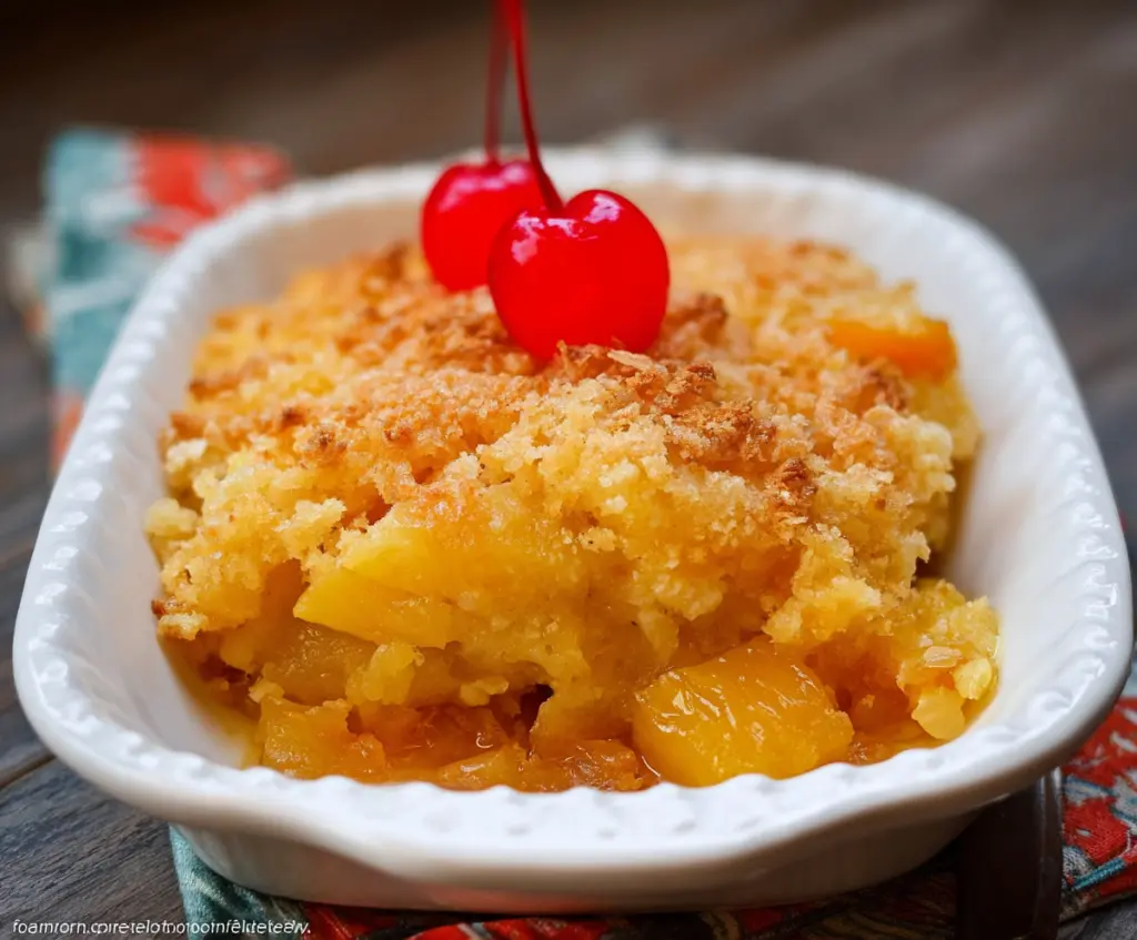 Delicious sweet and sour pineapple casserole with golden-brown topping and fresh pineapple chunks.