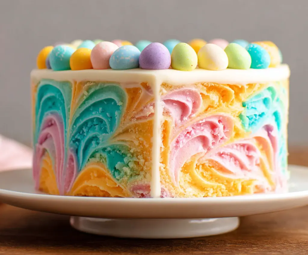 Colorful Swirled Easter Cake with vibrant icing and festive decorations for a delicious celebration.