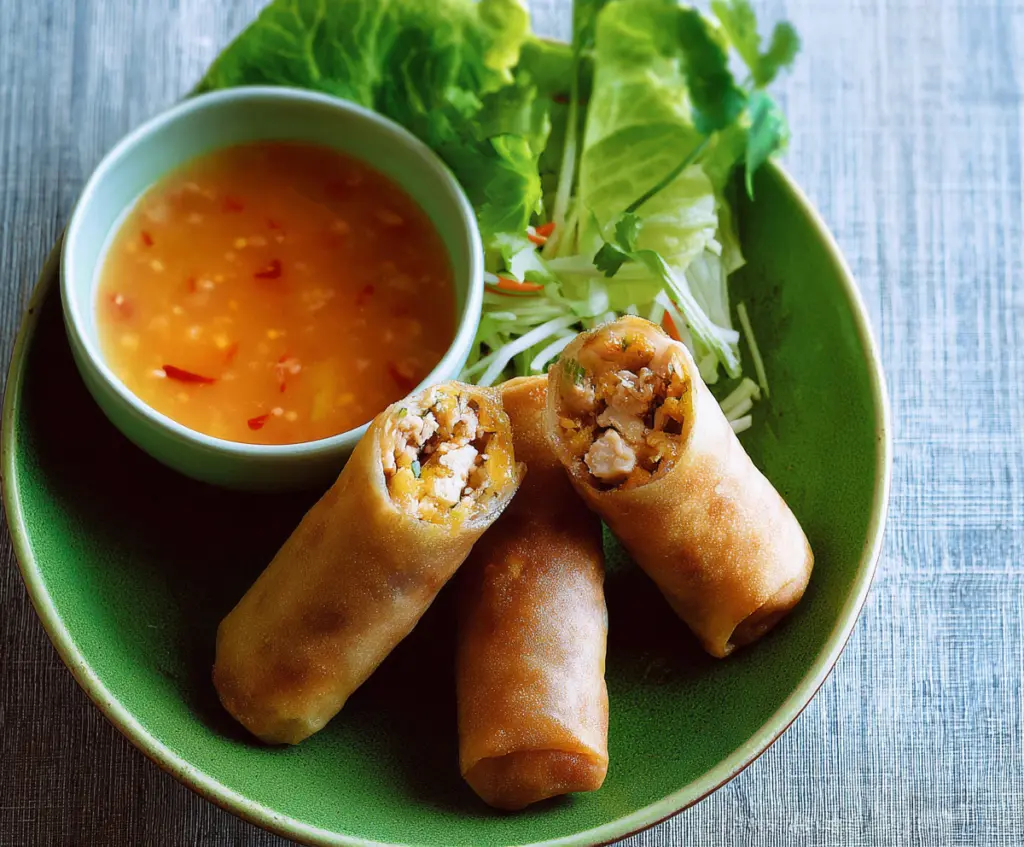 Close-up of Thai chicken spring rolls with fresh herbs served with sweet chili sauce on a plate.