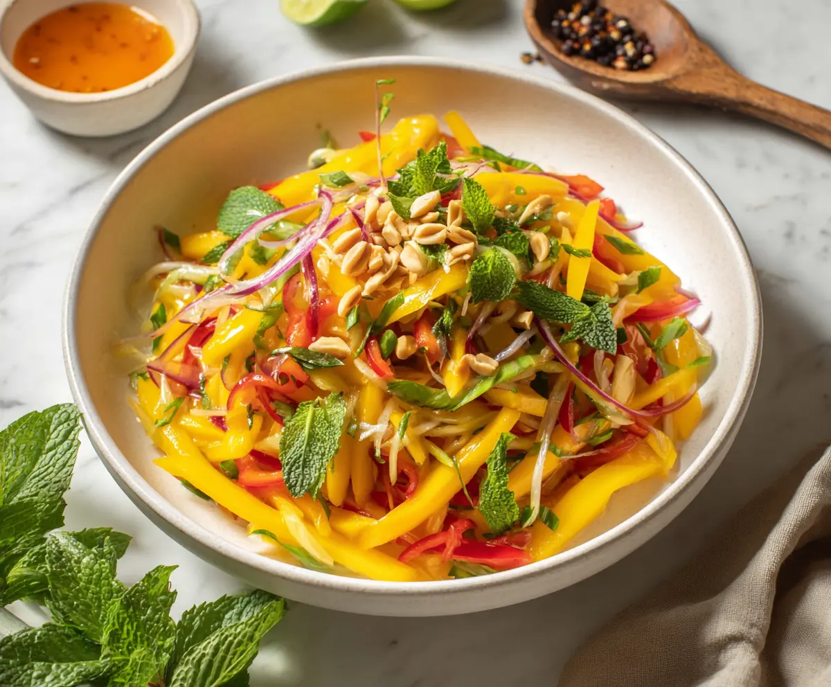 Fresh Thai Mango Salad with herbs and chili in a bowl, vibrant and colorful.