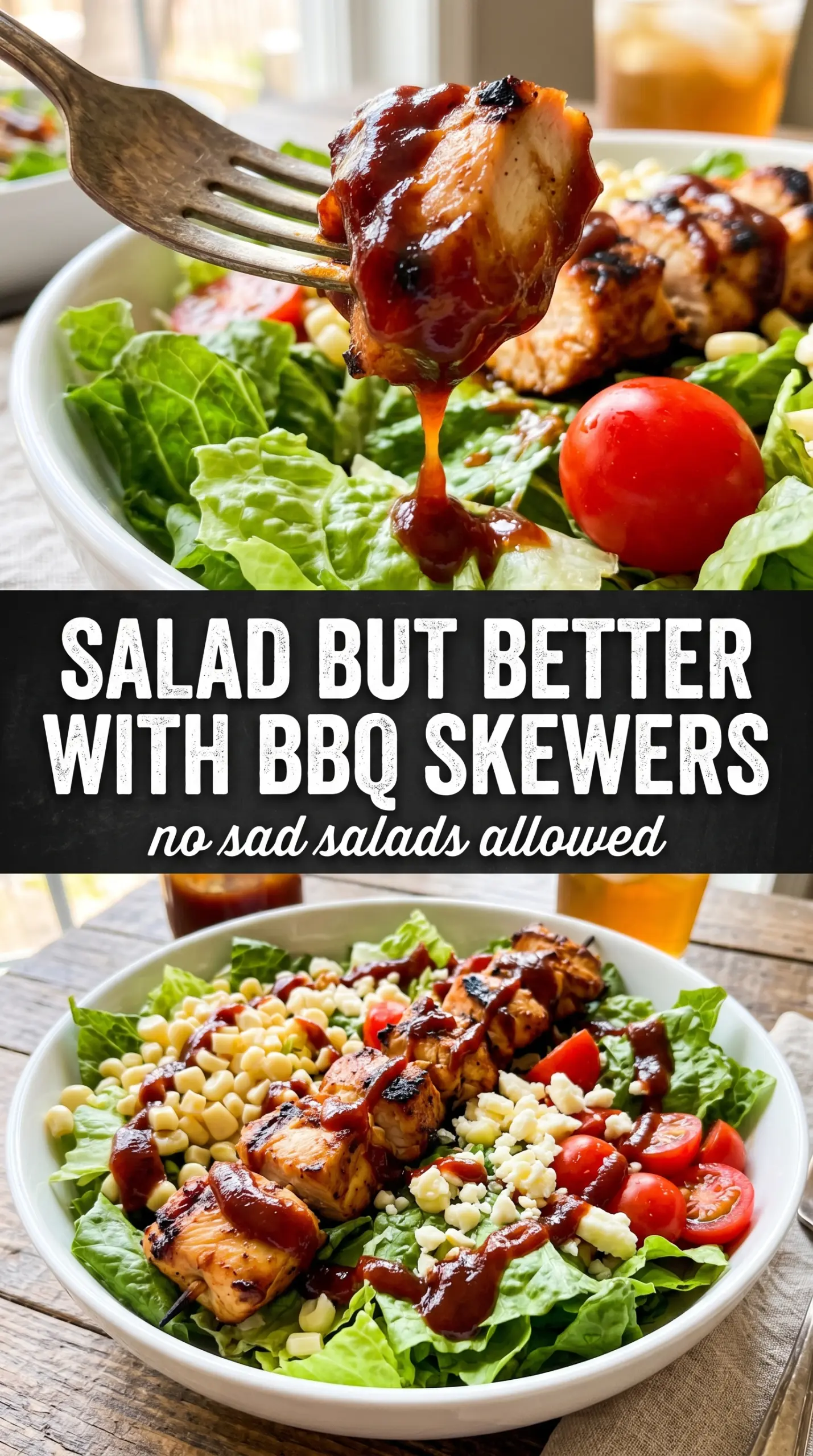 BBQ Chicken Skewer Salad smoky grilled chicken, fresh crunch, ranch drizzle