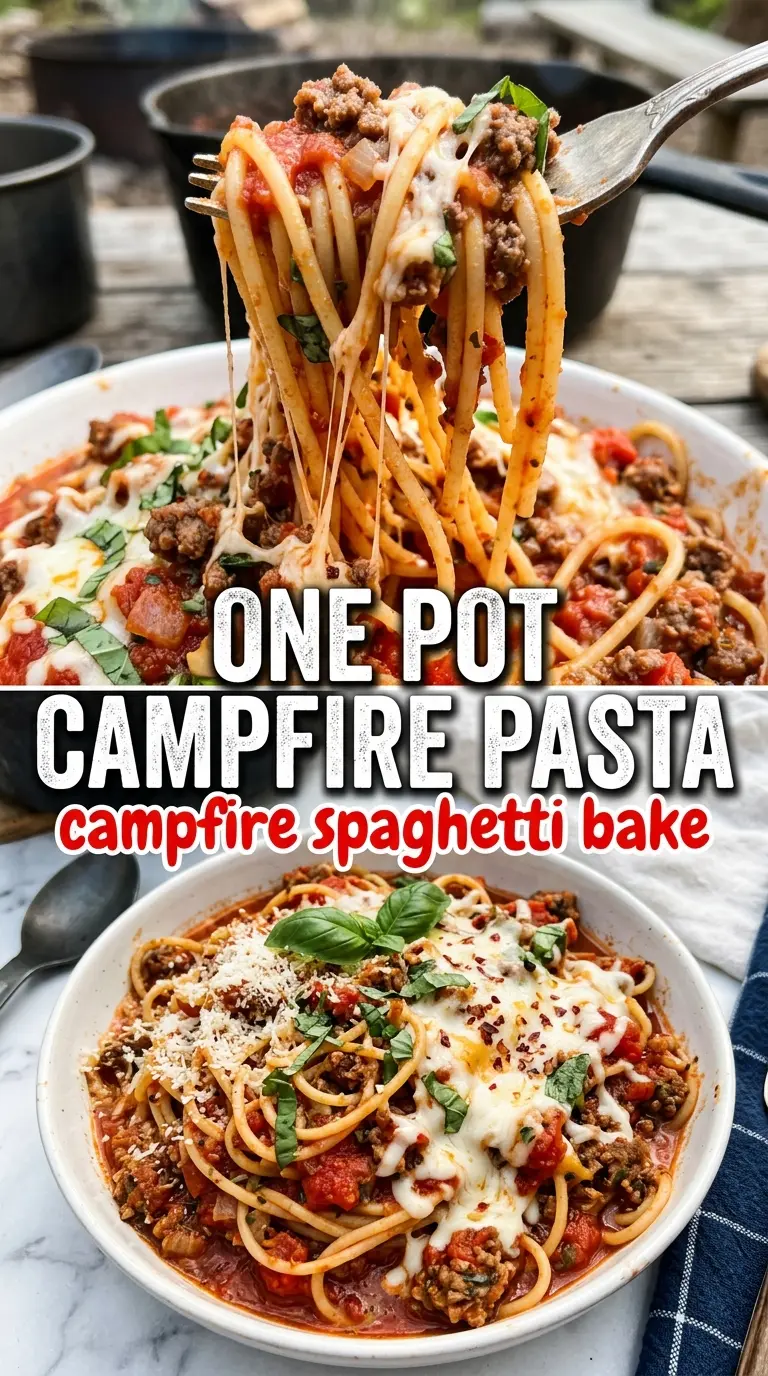 Campfire Spaghetti Bake cheesy bubbly