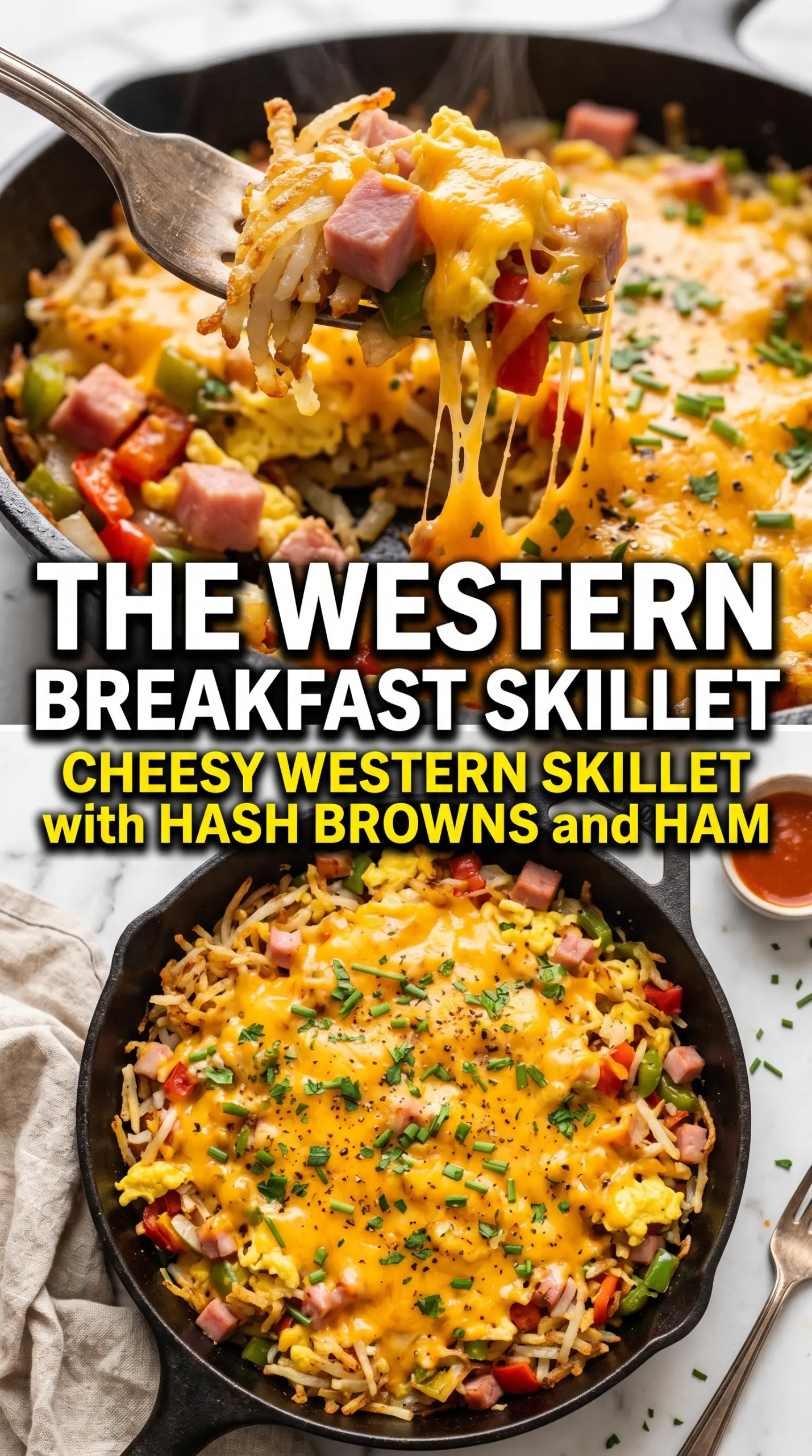 Cheesy Western Skillet with Hash Browns and Ham golden hash browns, ham, peppers