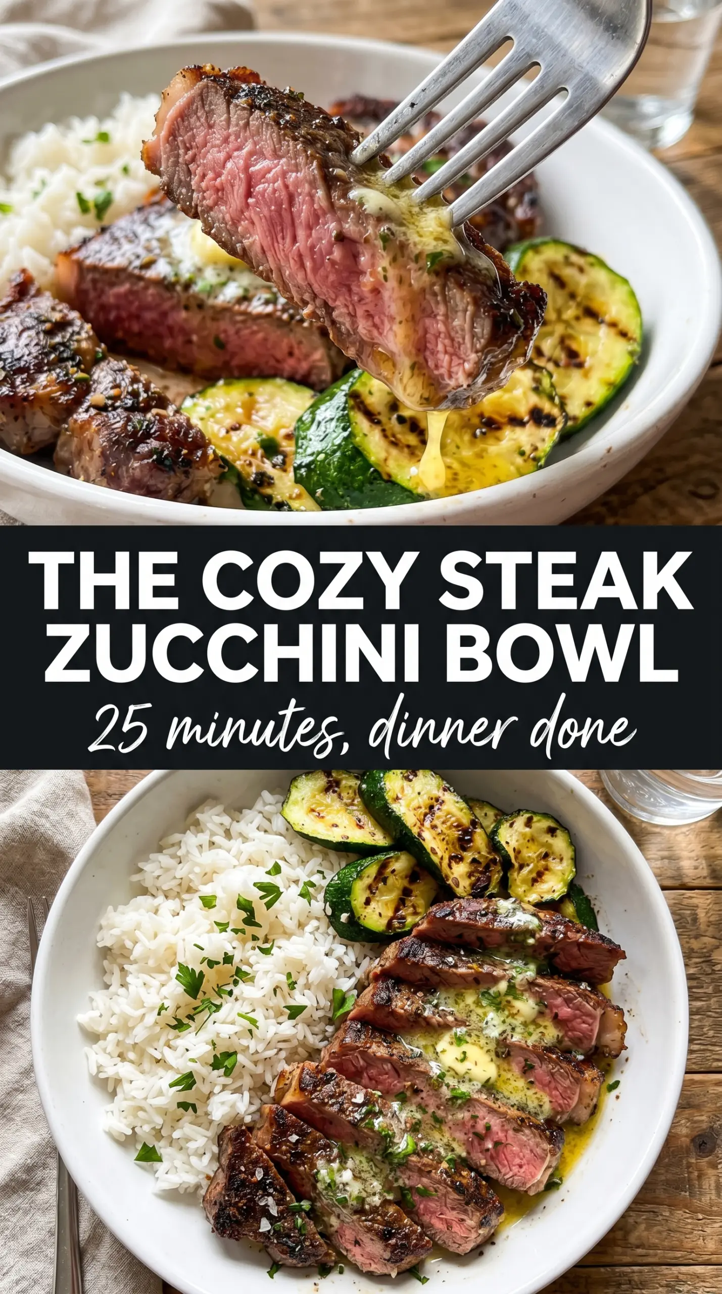 Cozy grilled steak bowl with zucchini, charred, fresh