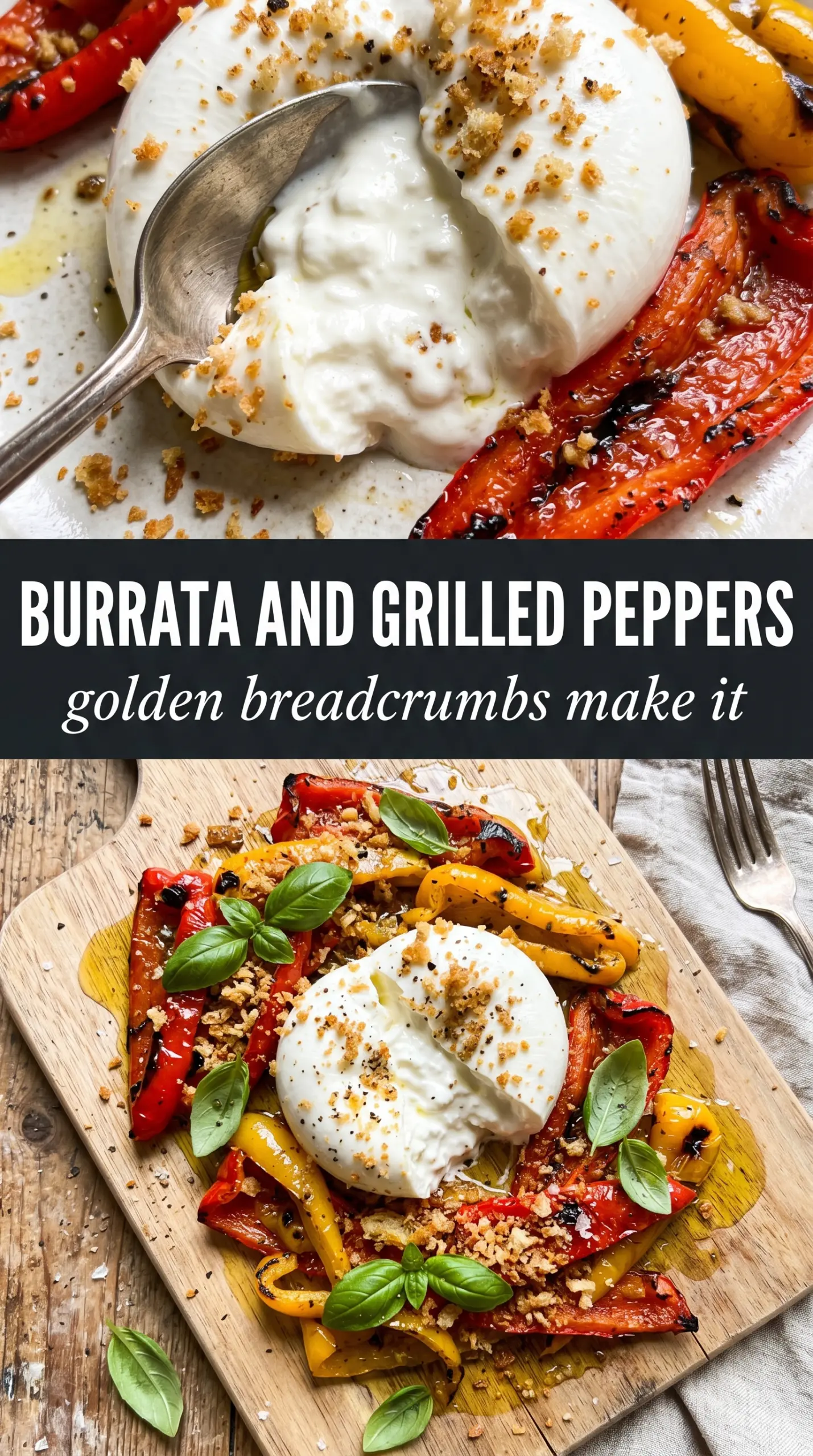 Grilled Marinated Peppers with Burrata and Breadcrumbs charred creamy crunchy