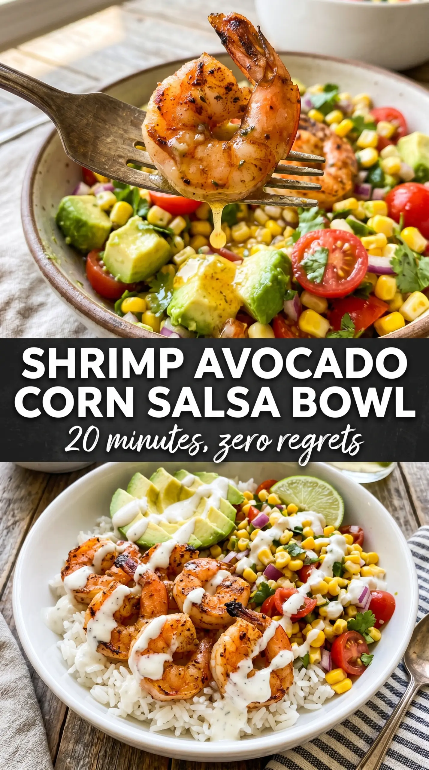 Grilled Shrimp Bowl with Avocado and Corn Salsa colorful fresh lime
