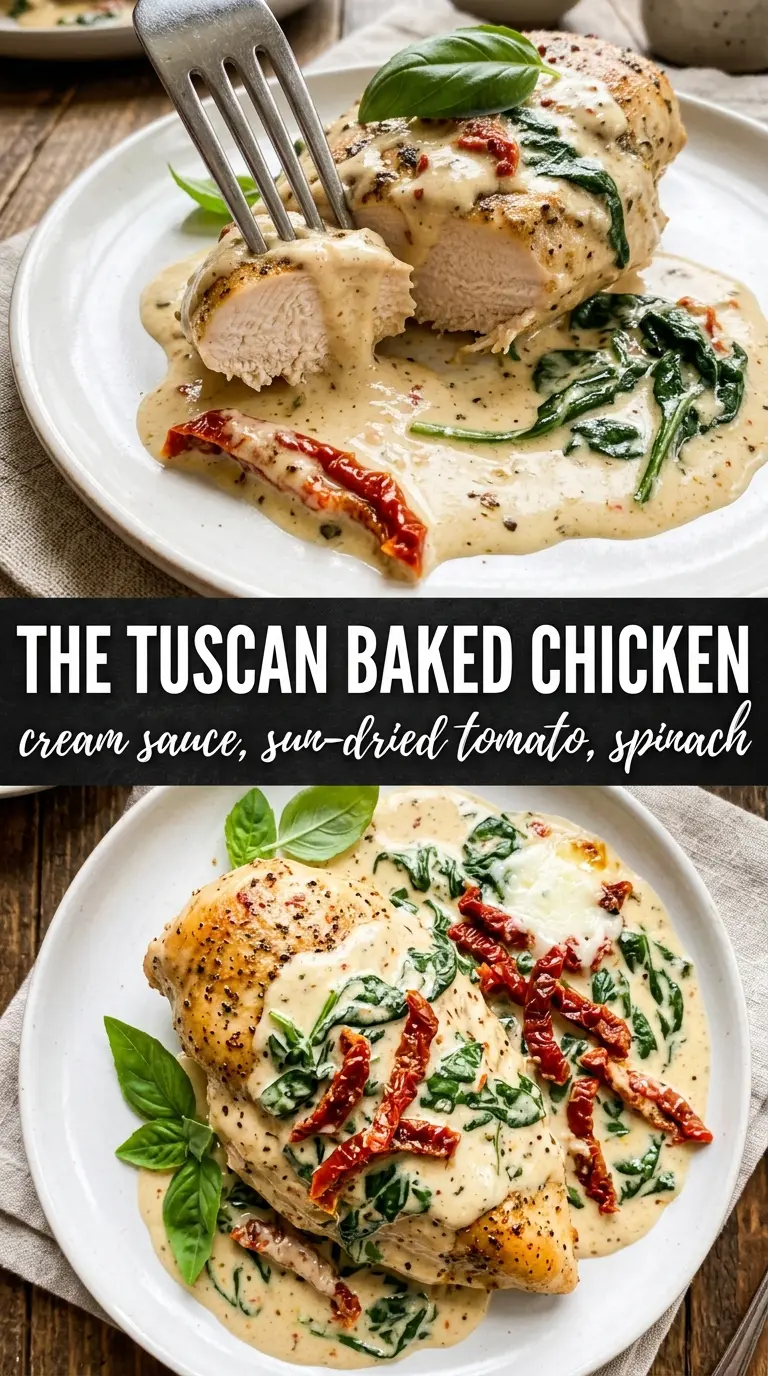 Baked Tuscan Chicken with creamy sun-dried tomato spinach
