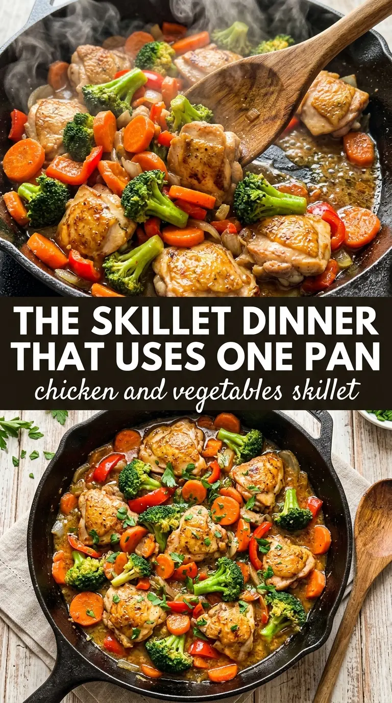Chicken and Vegetables Skillet with golden chicken, charred vegetables, and garlic herb sauce