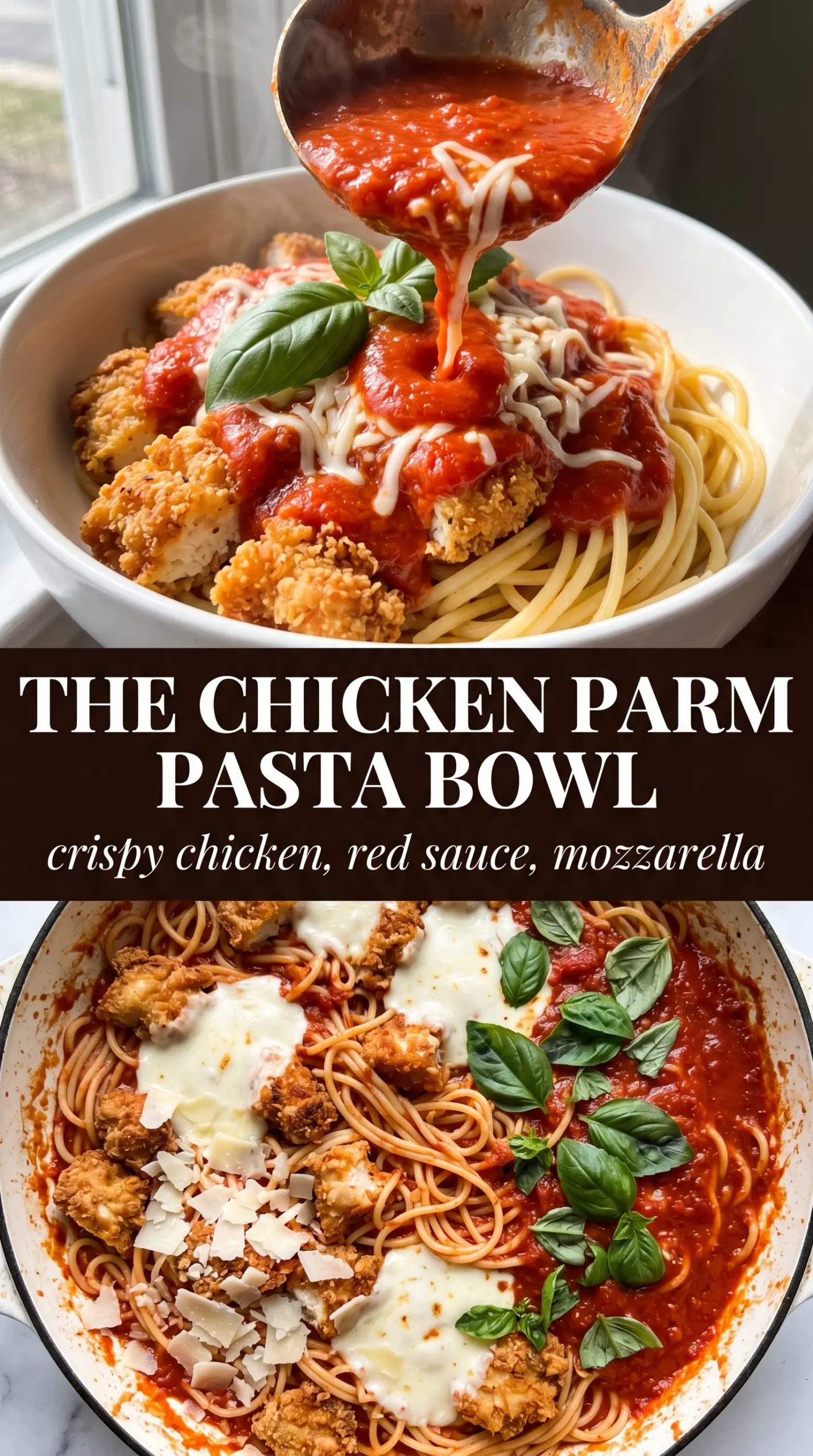 Chicken Parmesan Pasta with cheesy pasta and crispy chicken