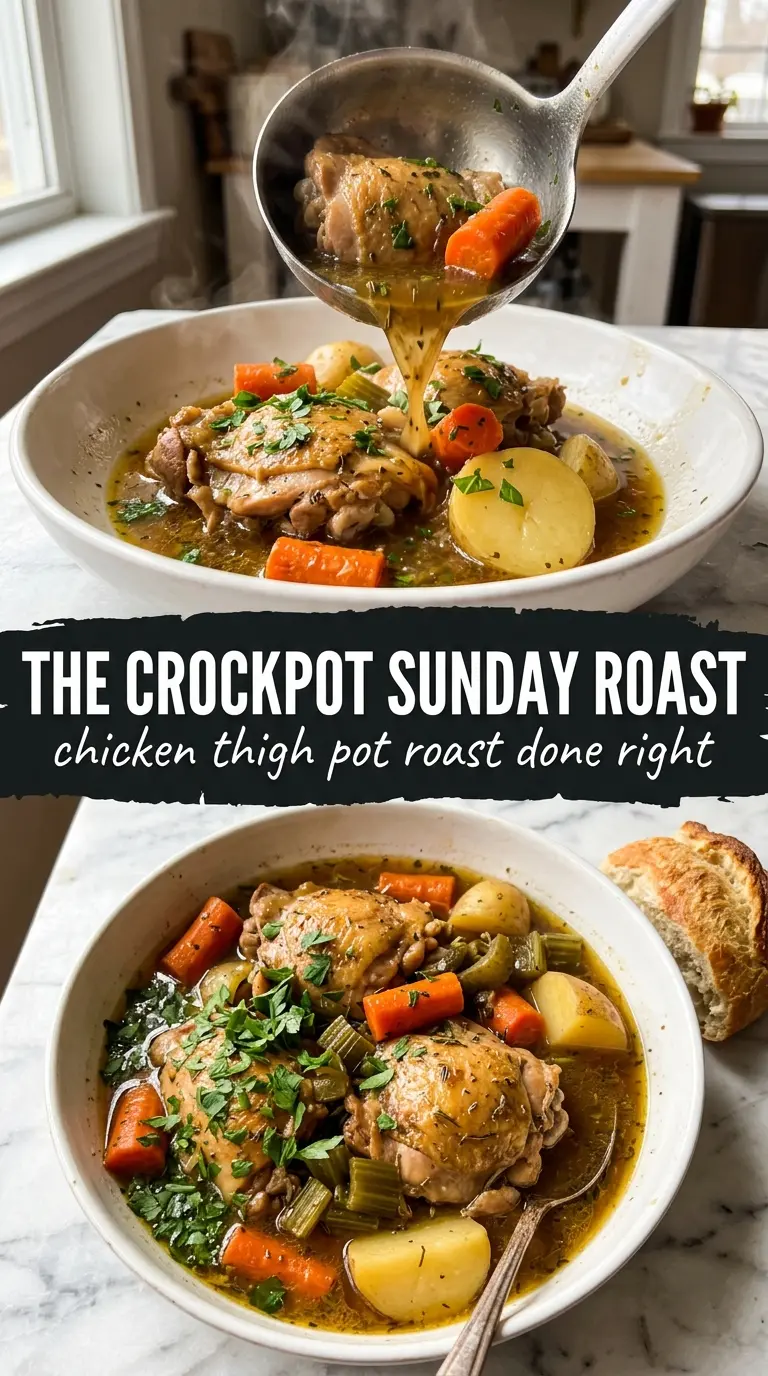 Crockpot Chicken Thigh Pot Roast rustic hearty vegetables