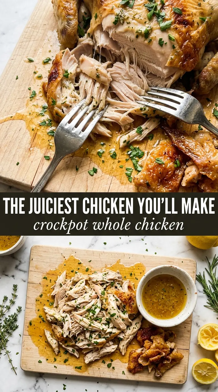 Crockpot Whole Chicken golden seasoned, juicy, lemon-garlic