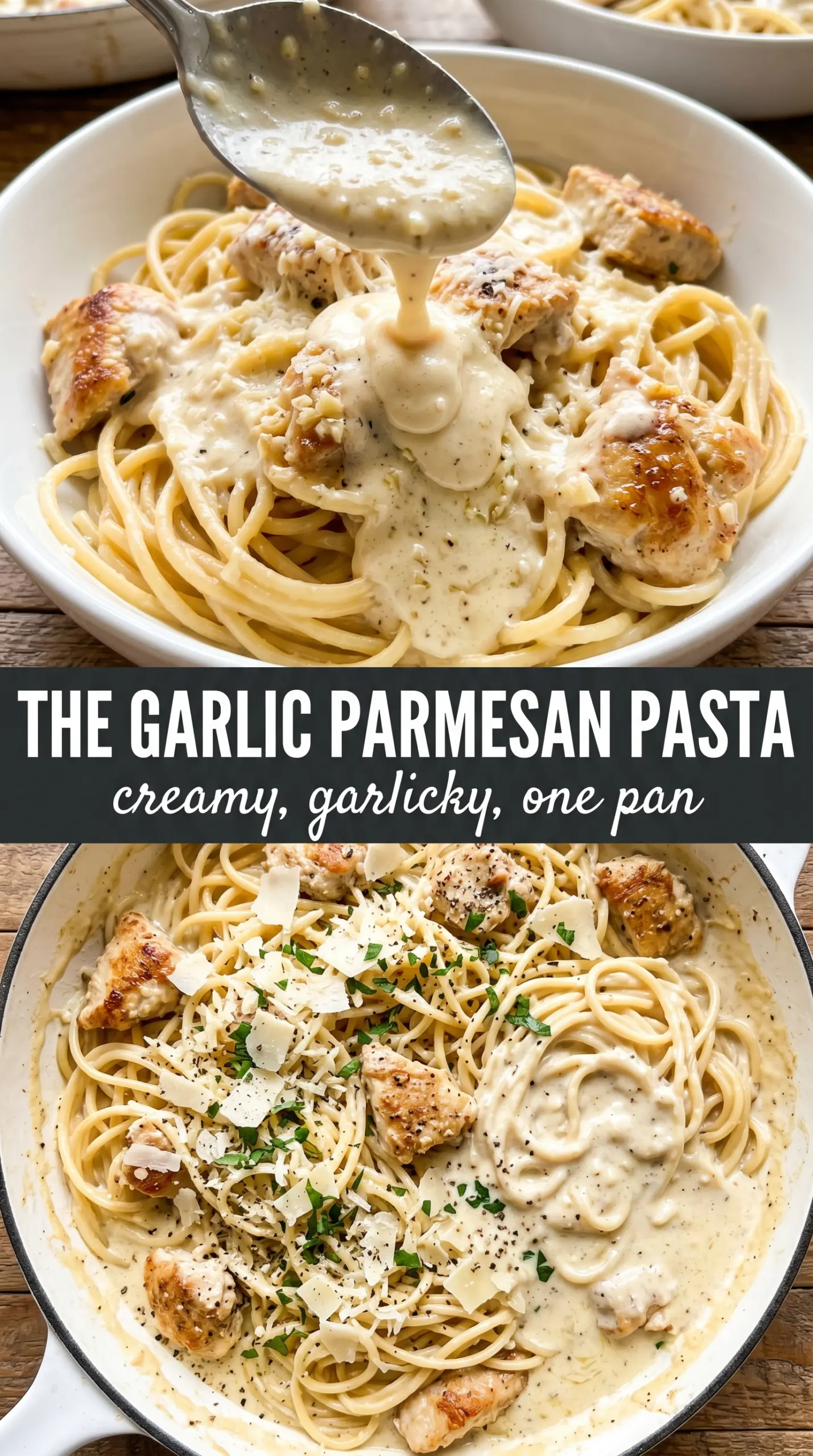 Garlic Parmesan Chicken Pasta creamy, golden, basil-topped