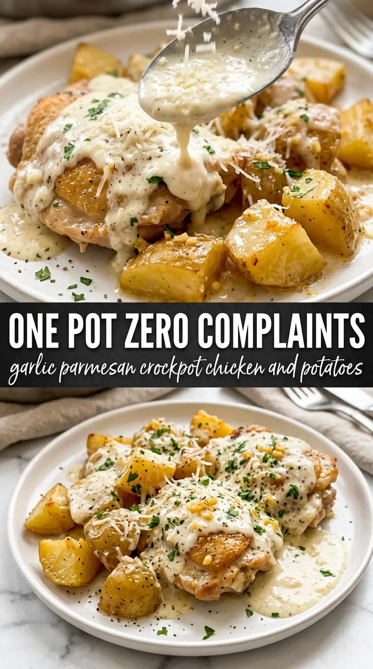Garlic Parmesan Crockpot Chicken and Potatoes, golden, hearty, herb-crusted