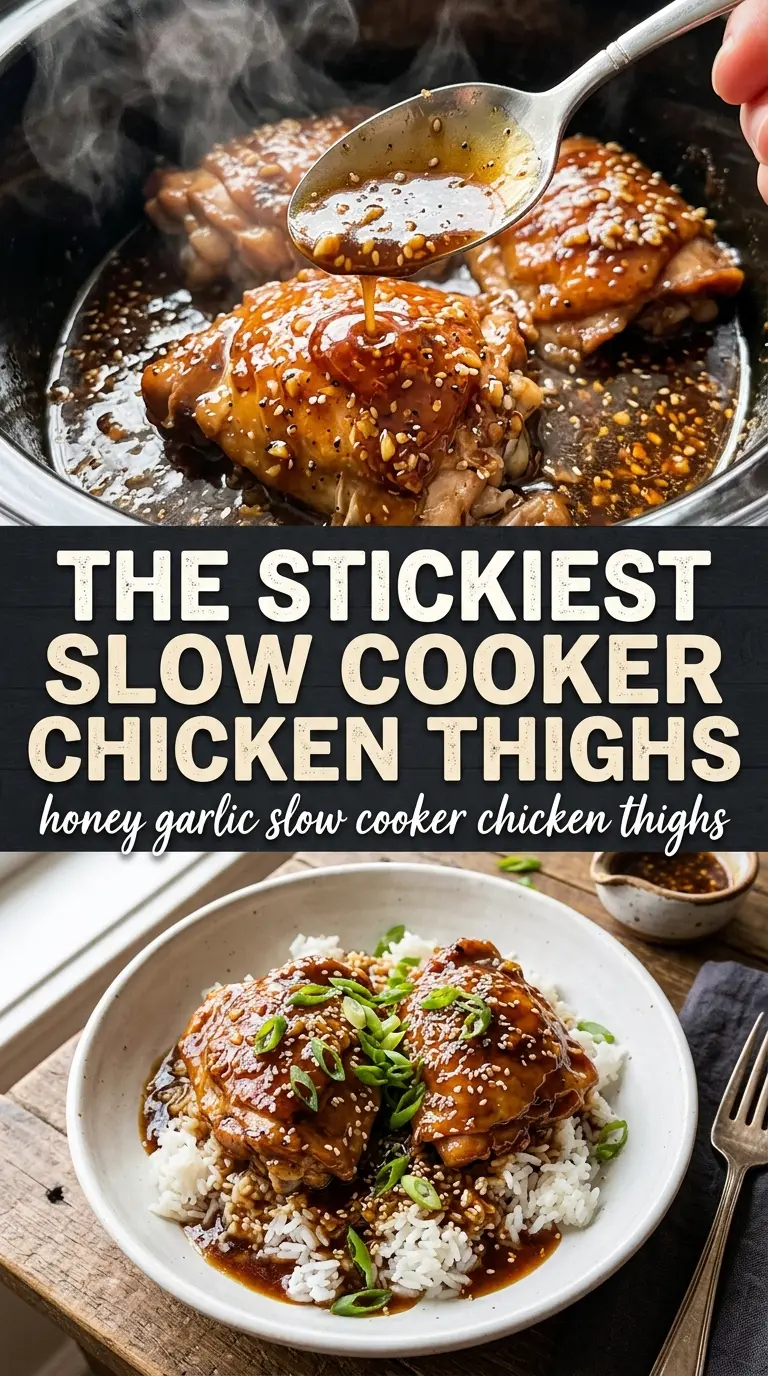 Honey Garlic Slow Cooker Chicken Thighs sticky glossy chicken thighs