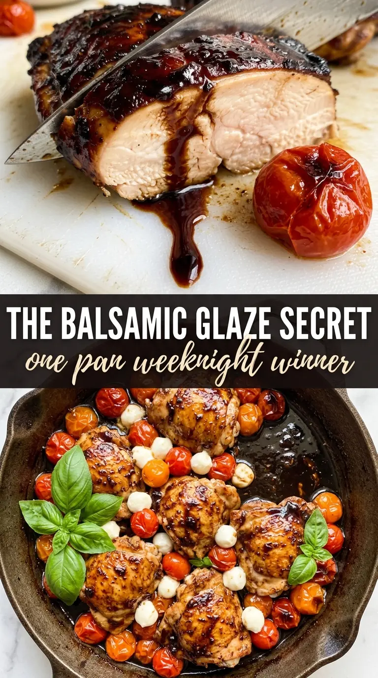 One Pan Balsamic Chicken golden glazed tomatoes basil