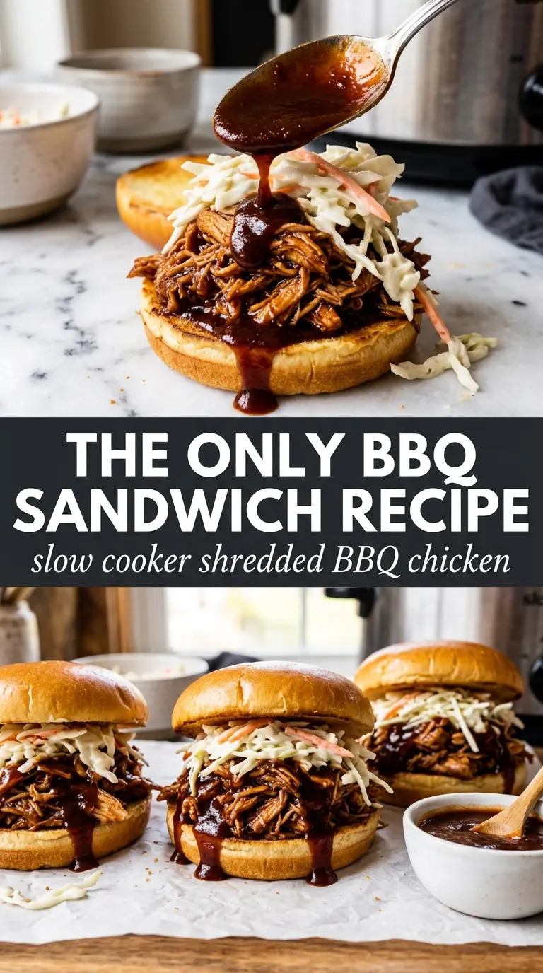 Slow Cooker BBQ Chicken saucy shredded sandwich