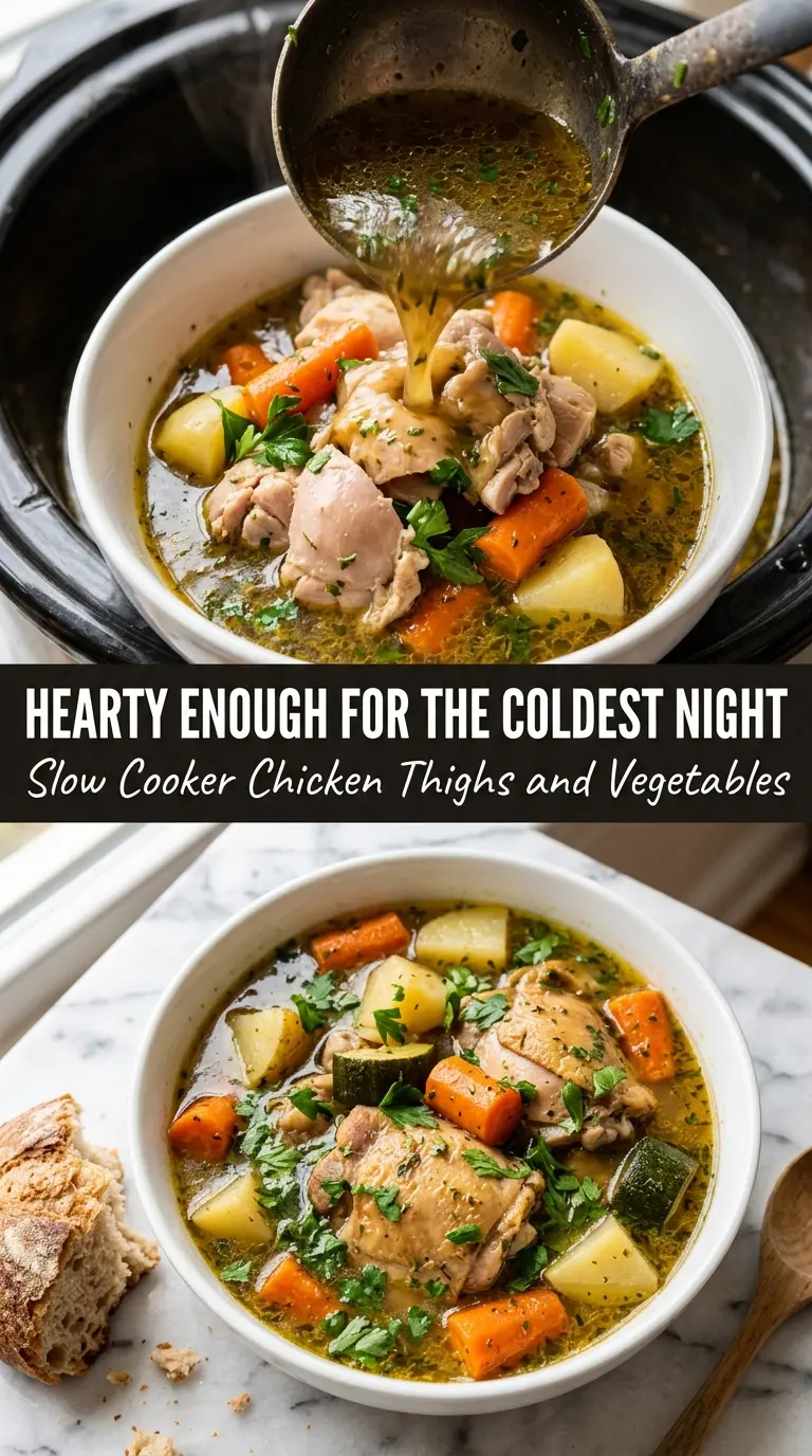 Slow cooker chicken thighs with hearty vegetables tender herb broth