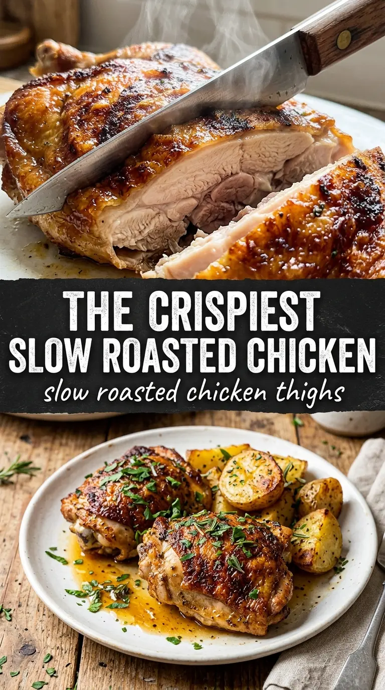 Slow Roasted Chicken Thighs with crispy skin, tender meat, and roasted garlic