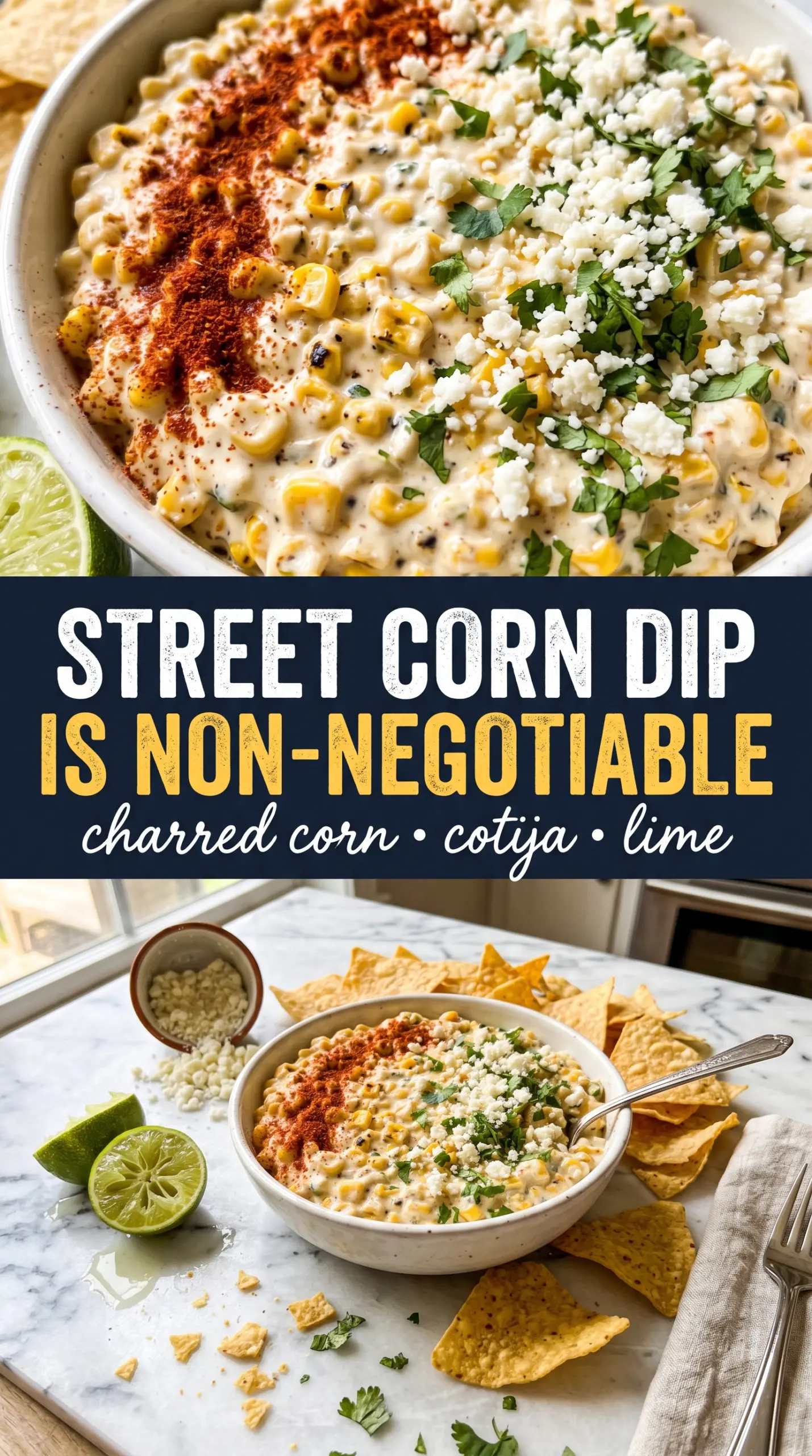 Street Corn Dip creamy charred corn, cotija, chili lime