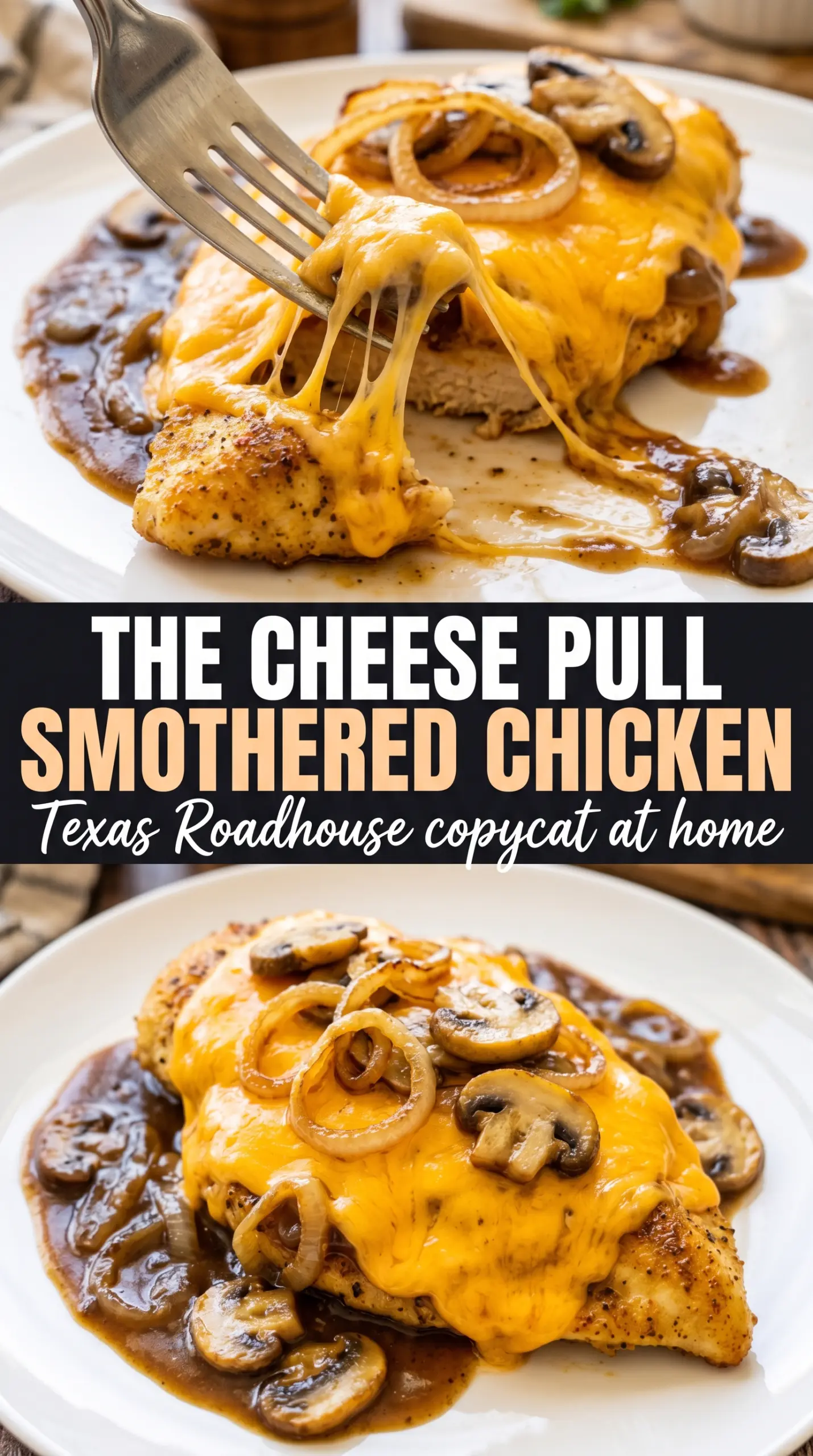 Texas Roadhouse Smothered Chicken Copycat golden cheesy mushrooms onions