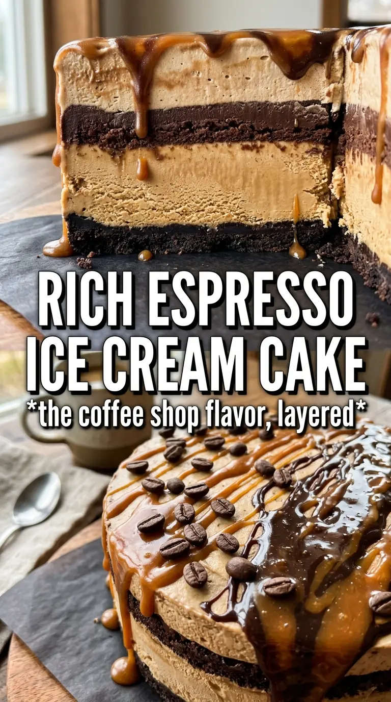 Brown Sugar Espresso Ice Cream Cake with coffee and caramel