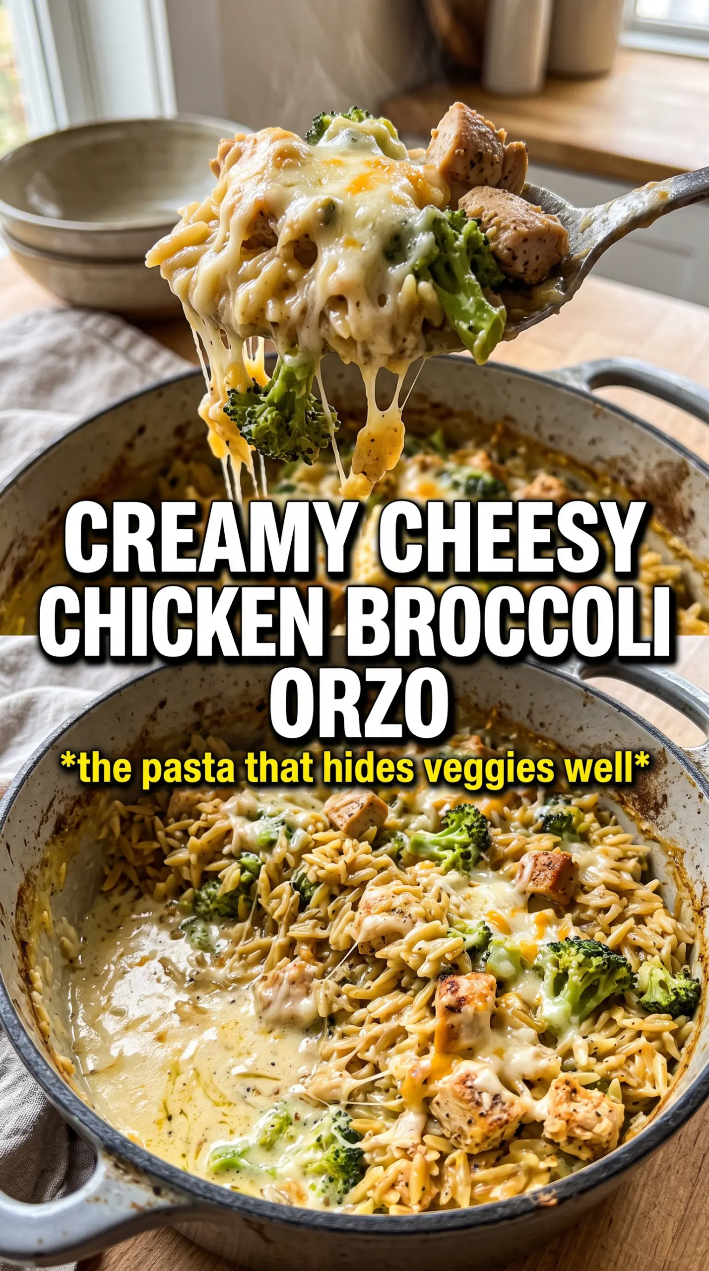 Cheesy Chicken Broccoli Orzo creamy cheddar one-pan