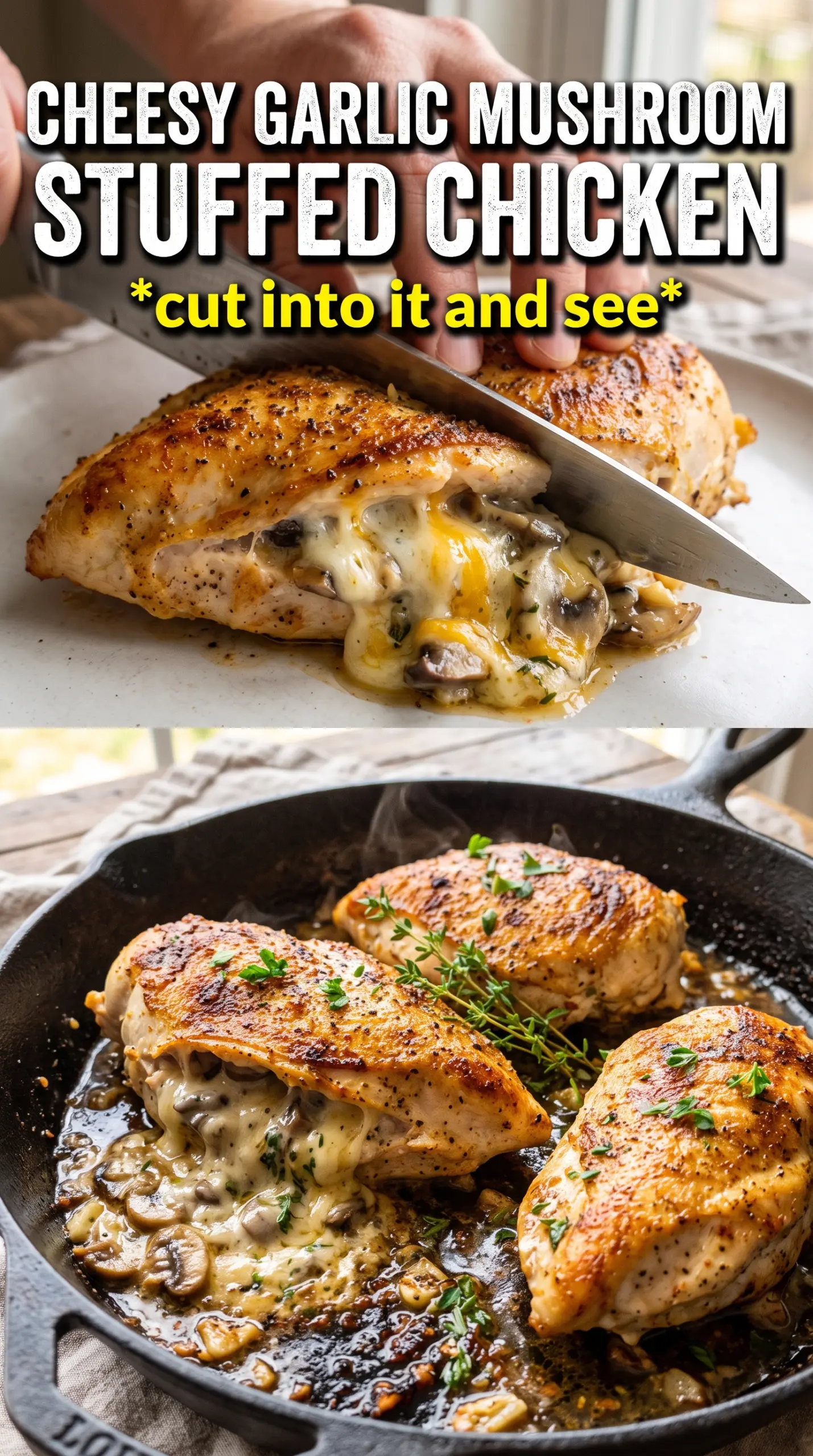 Cheesy Garlic Butter Mushroom Stuffed Chicken, golden seared, cheesy filling