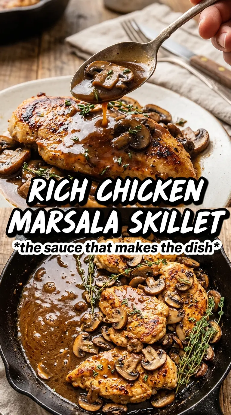 Chicken Marsala golden cutlets, silky mushroom sauce, restaurant-style