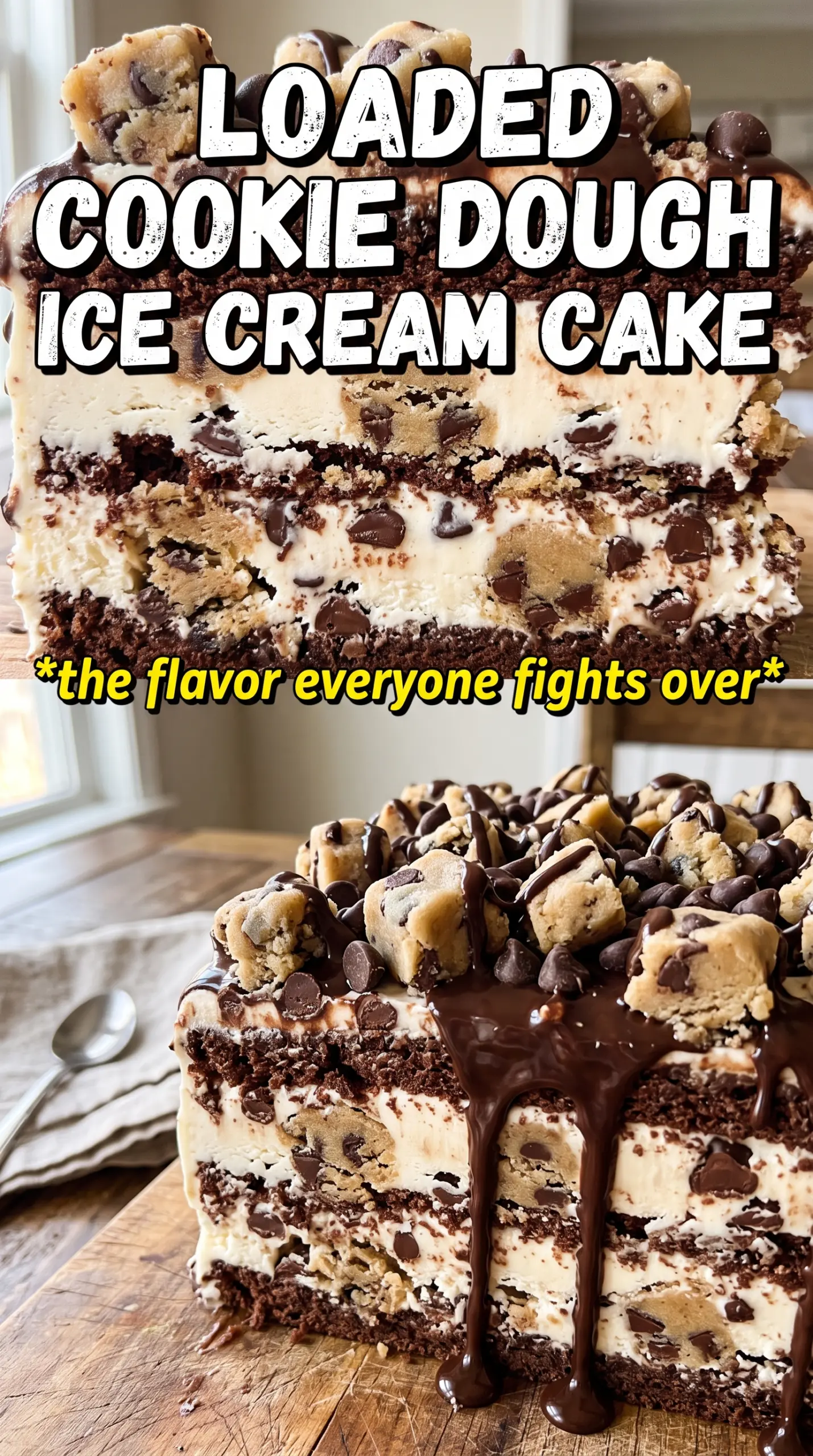 Chocolate Chip Cookie Dough Ice Cream Cake, frozen dessert, cookie dough chunks