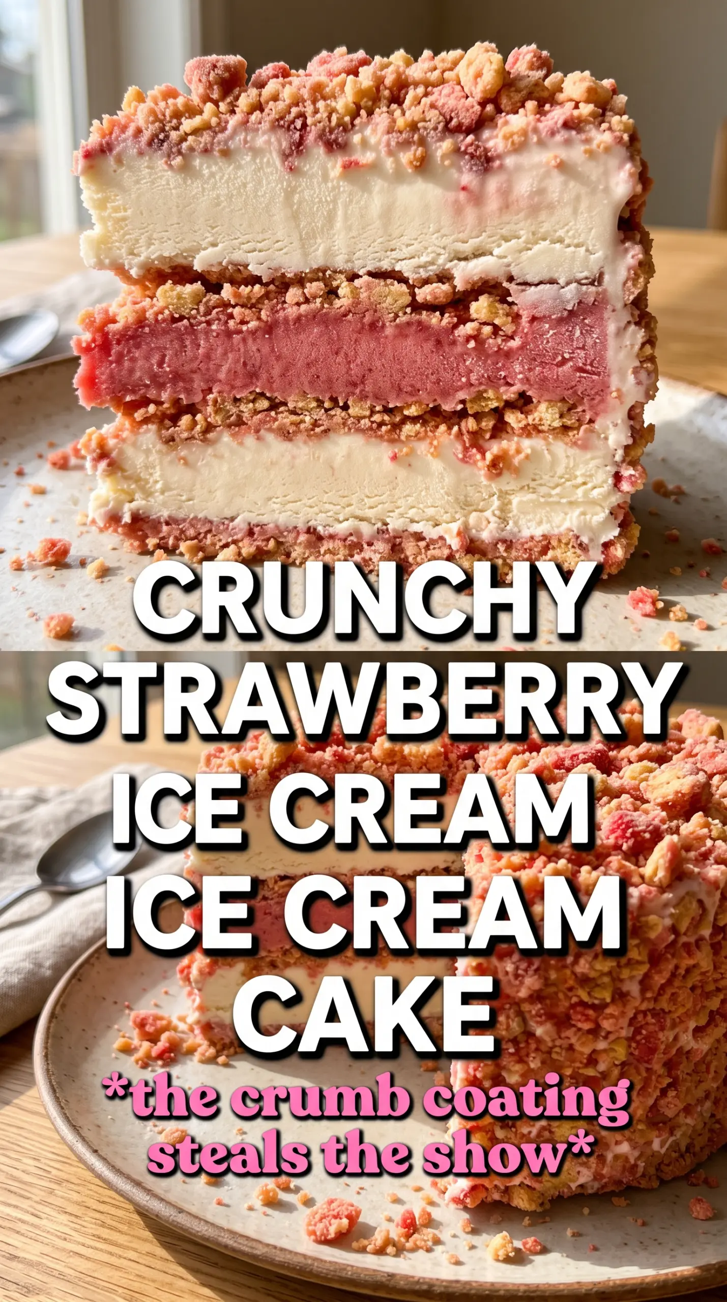 Easy Strawberry Crunch Ice Cream Cake with pink strawberry topping and Golden Oreo crunch
