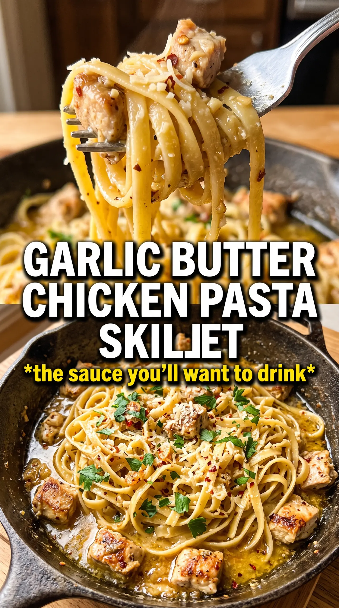 Garlic butter chicken pasta glossy spaghetti, golden chicken, parmesan