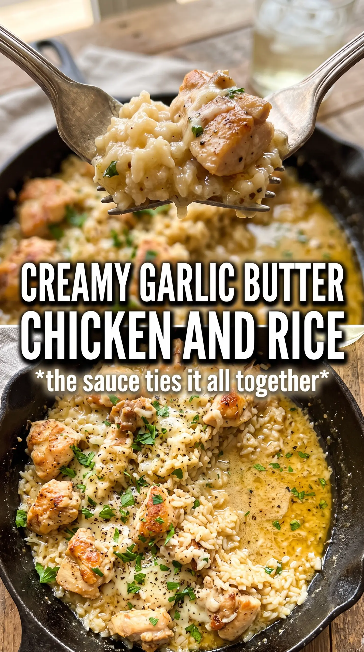 Garlic Butter Chicken with Parmesan Rice creamy skillet, golden chicken