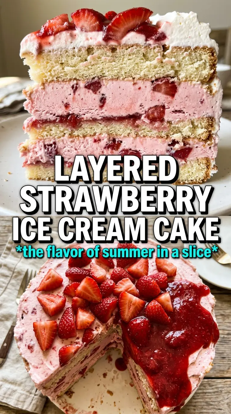 Strawberry ice cream cake, creamy pink layers, fresh strawberries