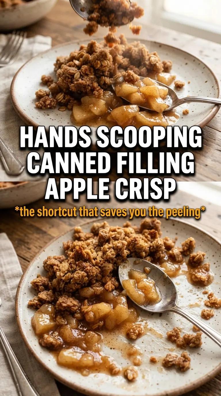 Apple crisp with canned apple filling, golden crumble, bubbling edges
