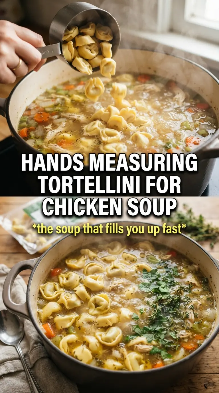 Chicken Tortellini Soup with cheese tortellini, shredded chicken, and herbs