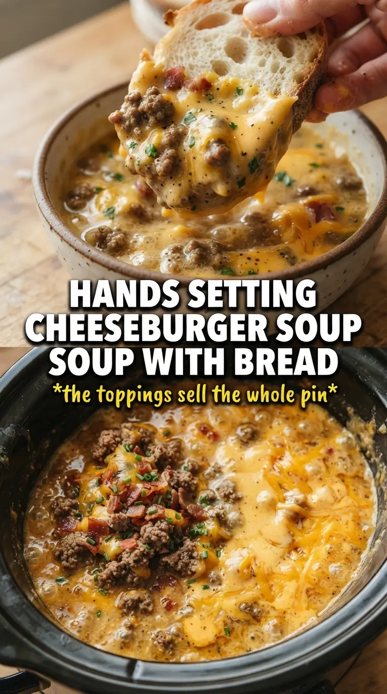 Creamy Crockpot Cheeseburger Potato Soup, cheesy hearty bowl