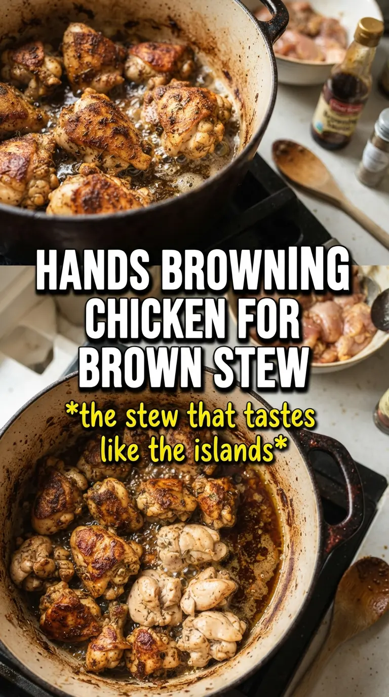 Brown Stew Chicken deep mahogany gravy, tender chicken, caramelized peppers
