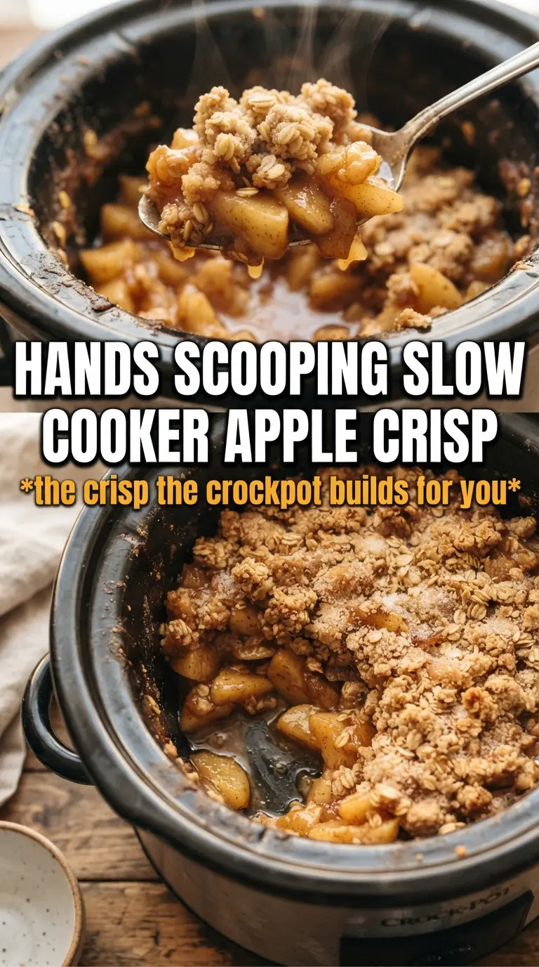 Slow Cooker Apple Crisp tender apples, oat crumble, caramel drizzle